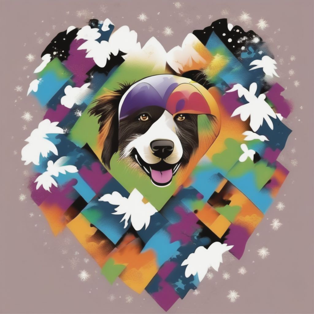 Create A T-shirt Print With An Extreme Sport Theme, A Climbing Dog, Mountains, Snow, And Happy Colors. The Image Must Be Centered On A Heart-shaped Area An...