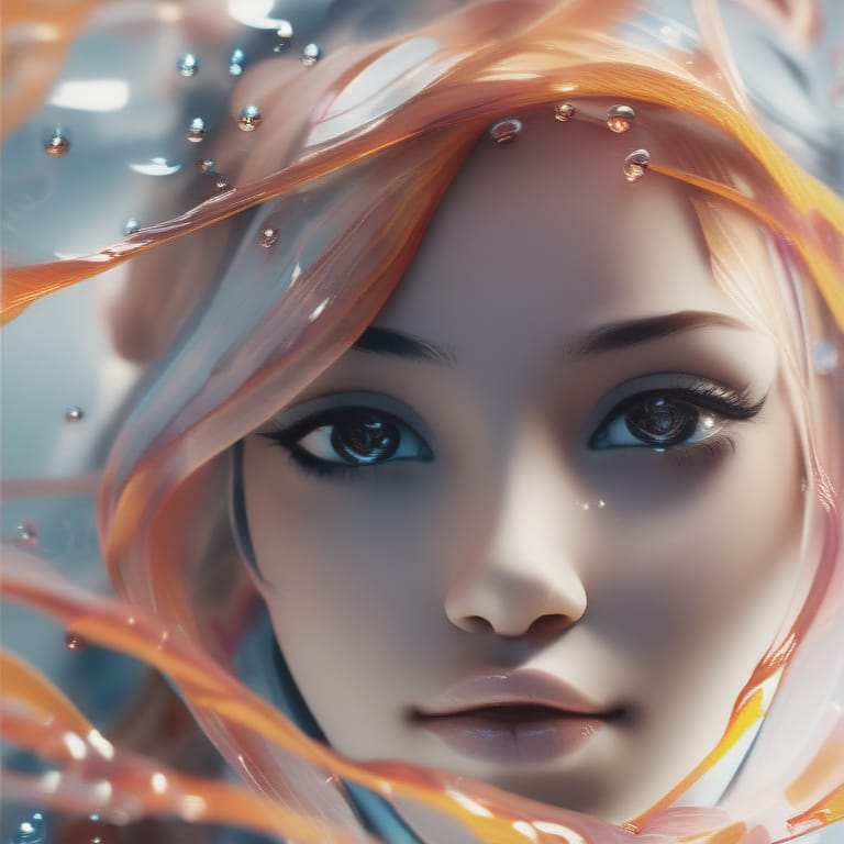 Very Close Up Only Face, Light Eyes, Illusory Beauty Anime Girl's Dissolving As Color Ink In Water, Multi Color Scheme, Cinematic Composition, In A White B...