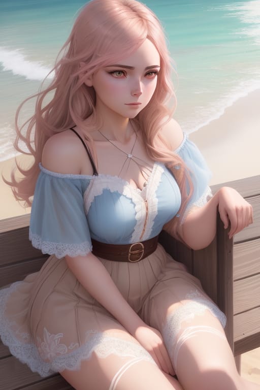 An Ultra Detailed Dynamic Digital Painting In The Anime Style Of Charlie Bowater, Artgerm And Loish, Portrait, A Young Woman Sits On A Sunny Beach Near A S...