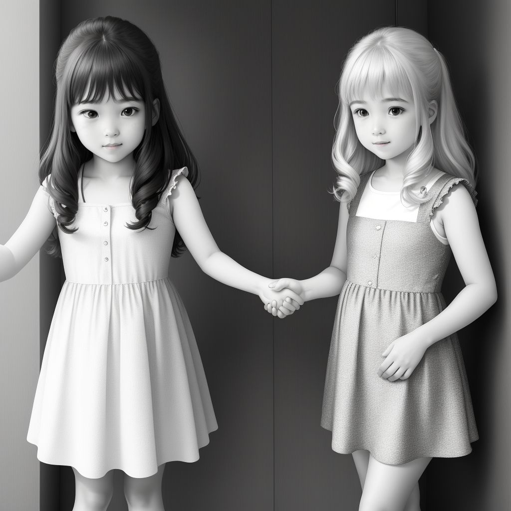 Two Girls Getting To Know Each Other By Shaking Hands, Black And White, Outline, Kids Book
