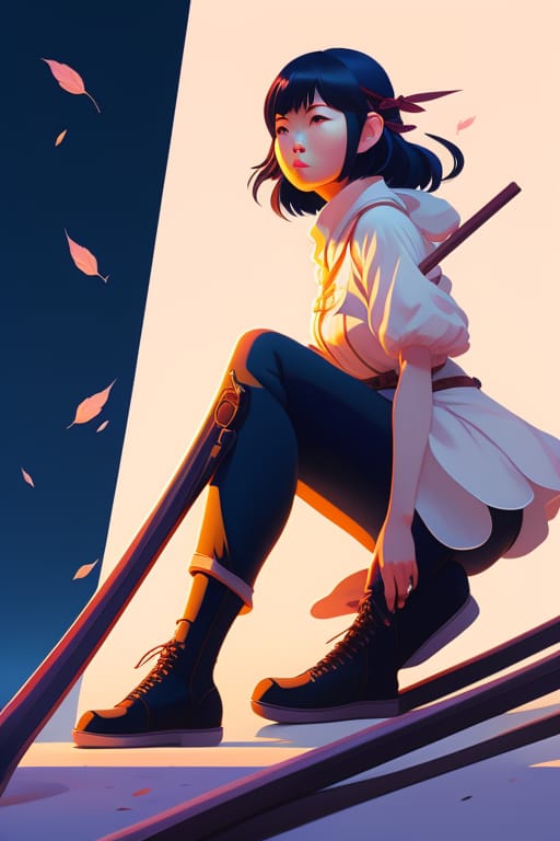 Image Of Woman Sat On Broom Stick, White Background, Style Of Makoto Shinkai Studio Ghibli Genshin Impact James Gilleard Greg Rutkowski Chiho Aoshima, Junj...