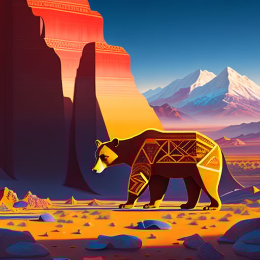 Native American Pop Art, Southwest Art, Modern Edgy Gradient Morning Sunrise, Sunrays, Bold, Sierra Nevada, Bear, Flat Color, Trending On Artstation, Sharp...