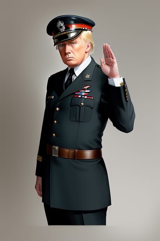 Donald Trump Saluting While Dressed As Hitler. Low Camera Angle Looking Up