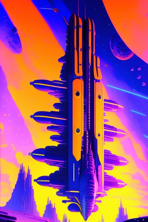 Bockeh Ilumination. Create A Breathtaking Science Fiction Scene Inspired By The Styles Of Illustrious Artists Syd Mead, H.R. Giger, John Harris, Chris Foss...