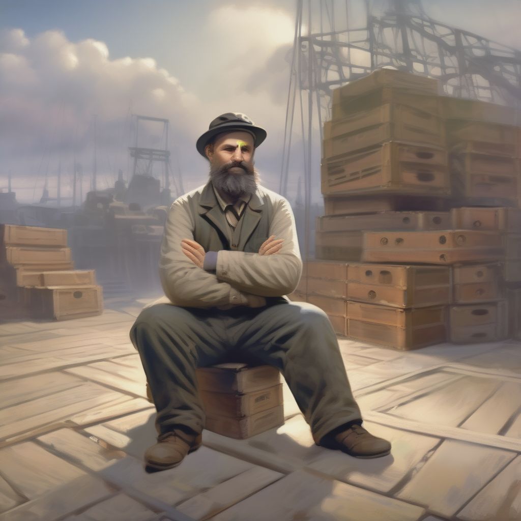 Dockworker, Teamster, Arms Folded, 1920s, Thin, Bearded, Brawny, Sitting On Crate Harbor In Background Magical Realism, Arkham Horror Lcg, No Hat, Smiling