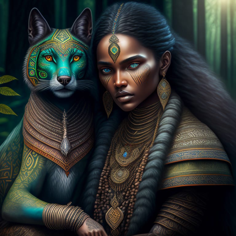 Beautiful Mystical Tribal Woman Sitting With A Cat The Forest, No Make Up Natural Face, Detailed Rustically Germanic Tribal Clothing, Big Realistic Beautif...