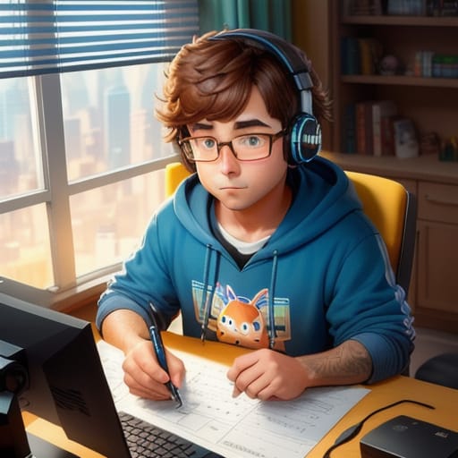 Create An Image Of A Stereotypical Programmer In A Comfortable And Cluttered Workspace. The Programmer Is Sitting On An Ergonomic Chair In Front Of A Desk...