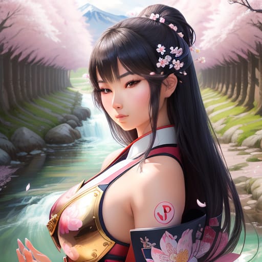 Pop Art Style Poster Of A Beautiful Japanese Female Warrior Meditating Under A Blooming Cherry Blossom Tree With A Flowing River In The Background. The War...