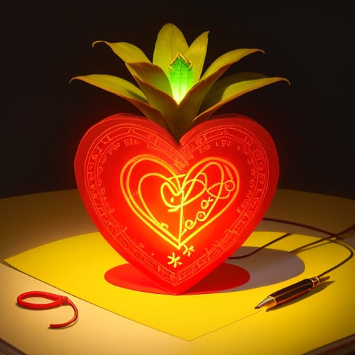 A Thick Story Book With A Colourful Book Cover, Red Sculpture Of A Heart, A Pen, A Plaster Strip, A Little Green Blooming Plant In A Pot And A Single Glowi...