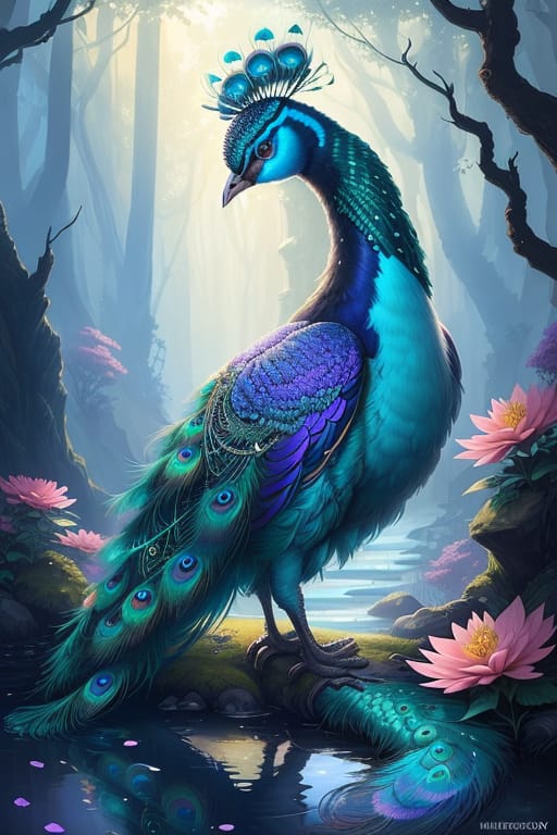 A Cyberpunk Peacock, Gorgeous Long Tail, Intertwining Of Feathers, Flowers And Crystals, High Detail And Realism, Magical Background, Sunny Day, Fantasy An...