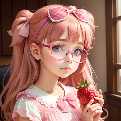 Digital Drawing Of A Girl, Wearing Pink, Softie, Brown Hair, White Glasses, Pink Hair Bows, Holding A Strawberry, In A Pink Room, Jewellery