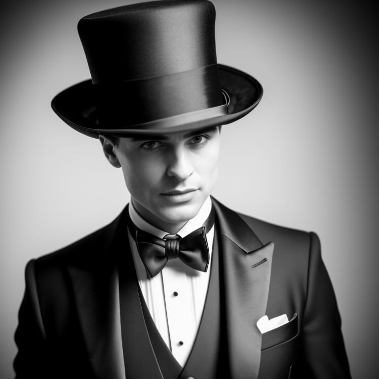 18k Ultra HD, Show Face, English Elegant Stage Magician In Modern Black Tux, Only Cravat And Top Hat, Macro Realism, Macrophotography, Perfectly Proportion...