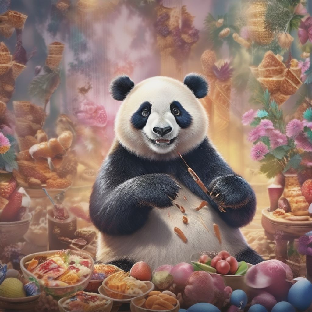 Hyper-realistic Painting Of A Panda Bear Seated At A Dining Table Laden With An Array Of Delicious Foods, Featuring Barbecue Meat, Pizza, Bamboo Shoots, Mu...