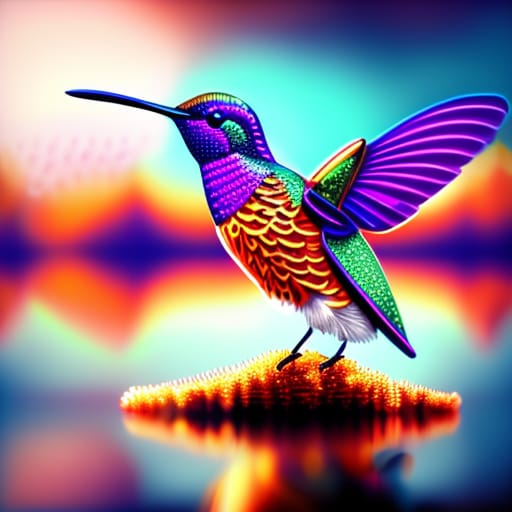 Olpntng Style,humming Bird On A Lake, Sharp Focus, Cinematic,4k.high Detail,bright, Beautiful, Glittering, Cute And Adorable, Filigree,, Semirealistic