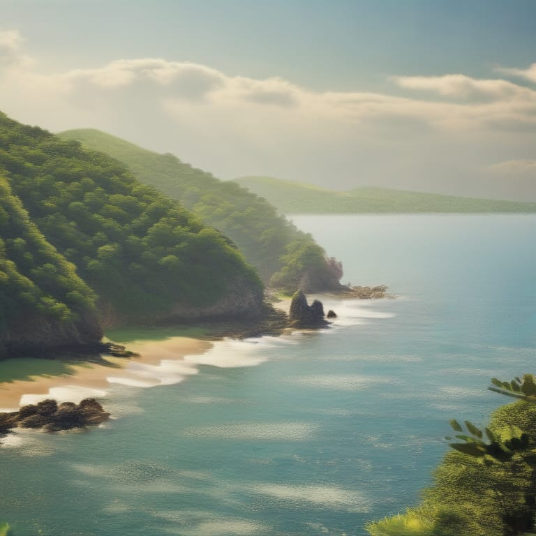 Imagine A Breathtaking Coastal Scene Where The Sea Stretches Endlessly To One Side. On The Opposite Shore, A Majestic Hill Rises, Covered In Lush Greenery....
