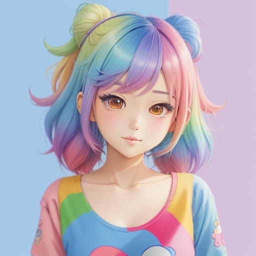 Kawaii Style A Drawing Of A Girl With Rainbow Coloured Hair, Anime Styled Digital Art, Cute Detailed Digital Art, Anime Style Illustration, Anime Style Dig...