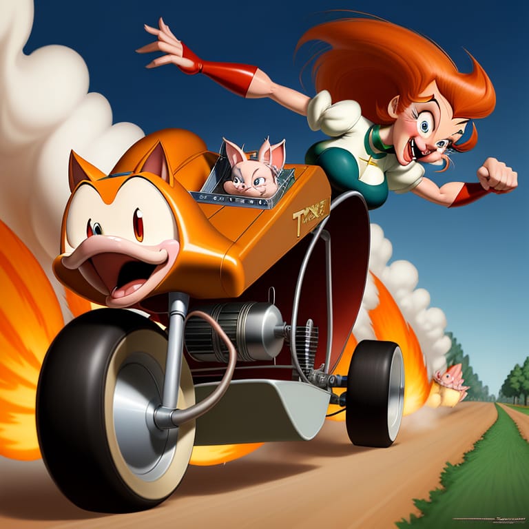 The Tex Avery-style Cartoon Depicts A Funny, Grotesque Idiot Speeding Down A Country Road In A Little Funny Car, Scaring Away Chickens And Pigs Artgerm Sty...