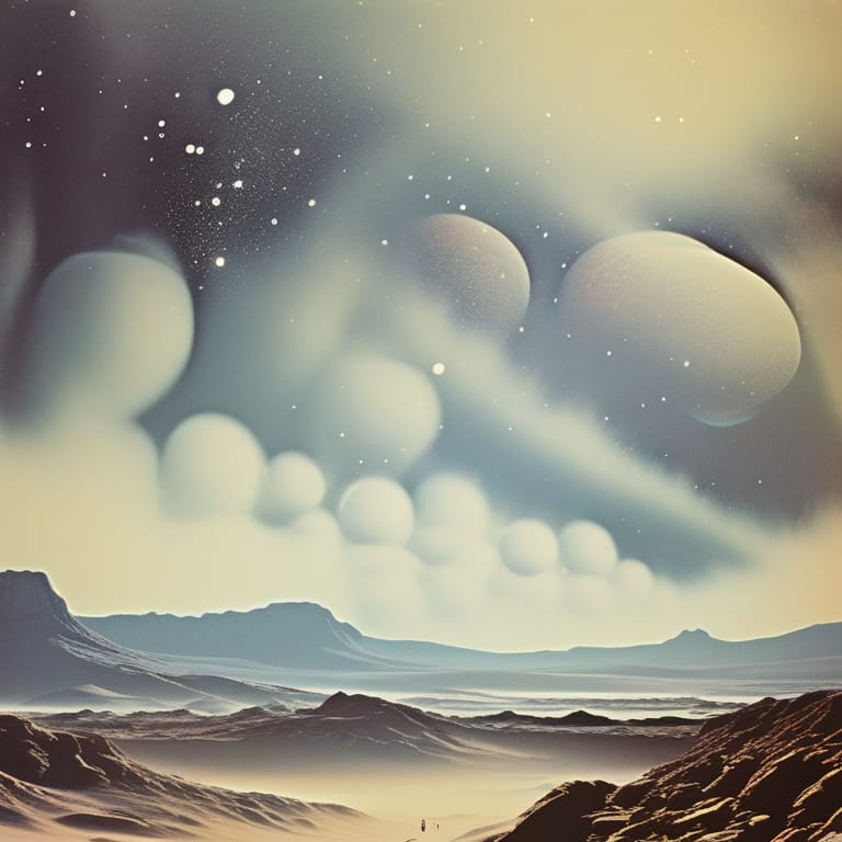 1970’s Dark Fantasy Sci-fi Movie Poster, Book Cover, Paper Art, Image Of A Night Sky In The Desert, In A Surreal World, Surrounded By Dunes And Misty Envir...