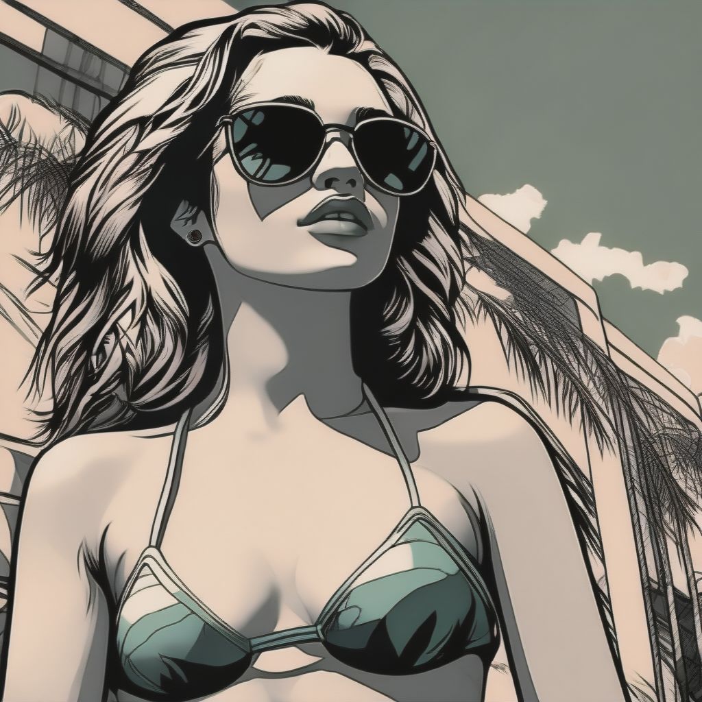 Girl With Sunglasses, Wearing Bikini Illustration, Vectorized, Linework, Black And White, Coloring Book Style , Gta Style, Full Body, Semirealistic