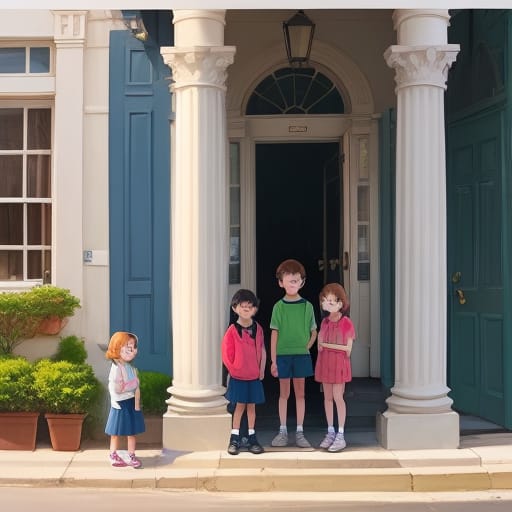 A Cartoon Picture Of Several Children Standing In Front Of A Building With Columns, Official Poster Artwork, Inspired By Matt Bors, High Detailed Official...