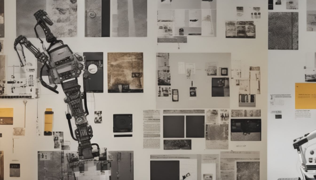 Two Scenes Juxtaposed, Left: Efficient Robot, Mechanical Arm, Industrial Automation, Robotic Manufacturing Lines, Monochromatic, Scribbled Papers, Micropho...
