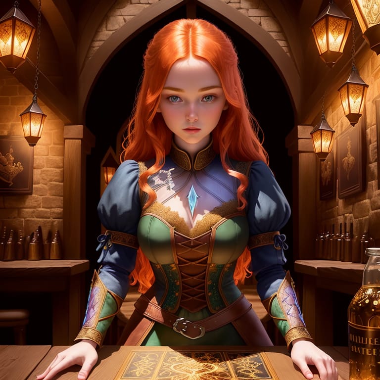 Young Ginger Woman, Medieval Tales Tavern, Intricately Detailed Colorful Interior, Detailed Intense Sunrise Lightning, Best Geometry, Award-winning Masterp...
