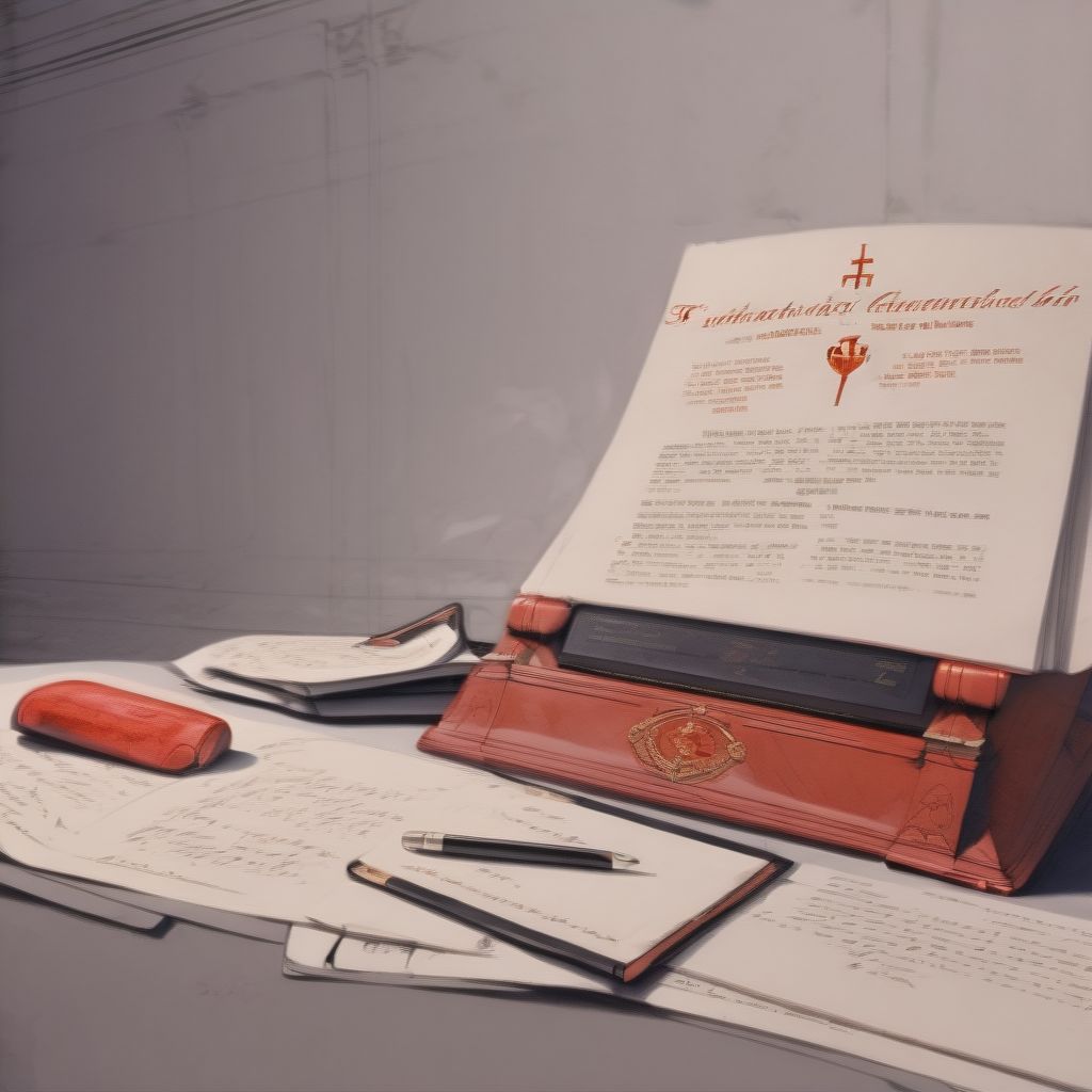 Contract On Desktop, Paper, Red Seal On Bottom With A Cross On It, Book On The Side