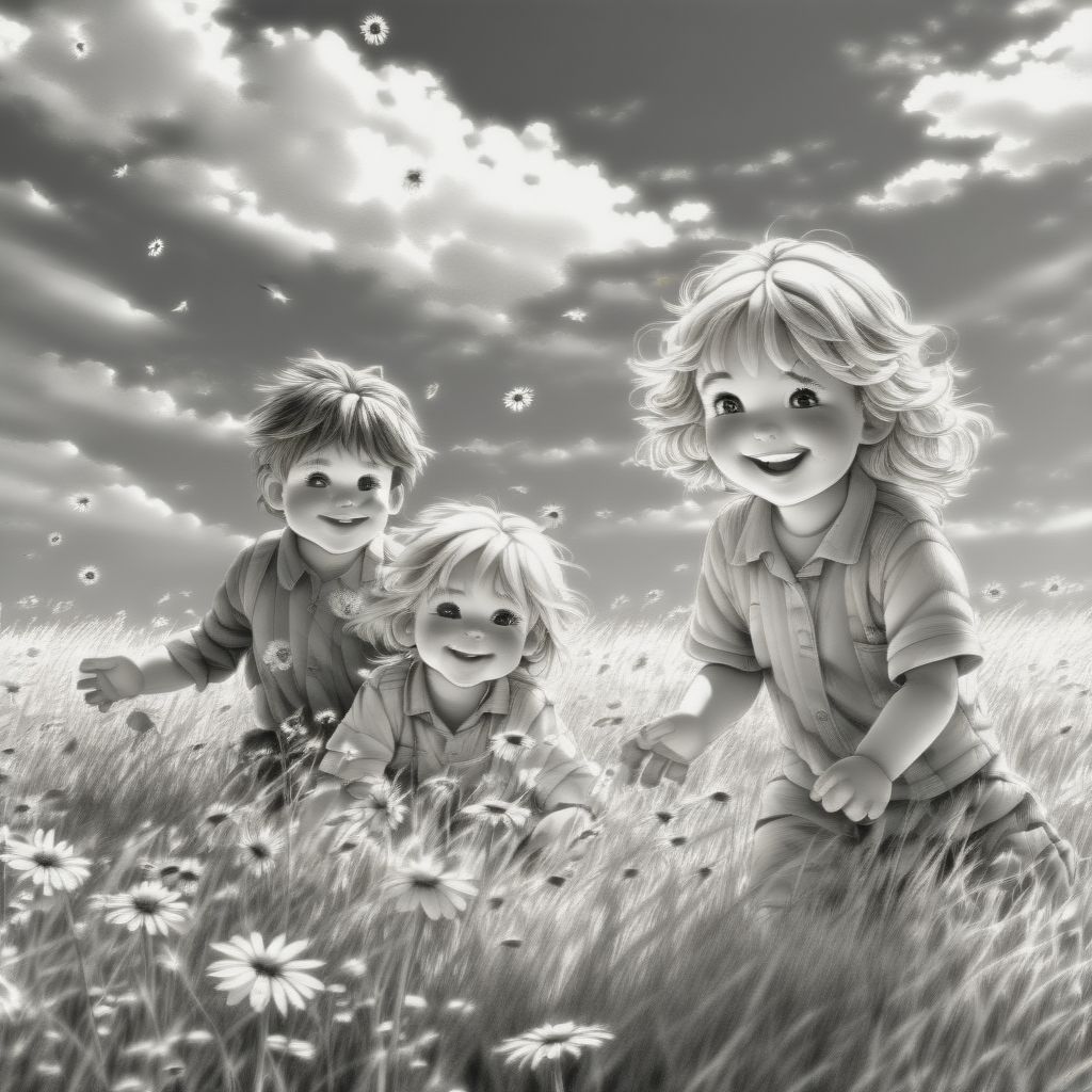 Pencil Drawing For A Simple Children's Picture Book. 3 Children Playing In A Field, 2 Boys 1 Girl. The Field Has Flowers And Grass. The Sun Is Shining.