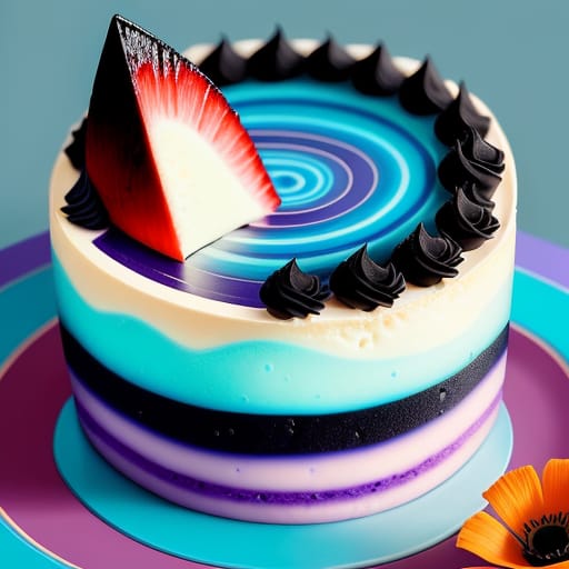 Imaginary Cartoonish, Unrealistic, Fantastic, Fantasia Style Surreal And Unrealistic Close-up Of Cheesecake With Black Stripes, Bright Broad Cyan Colored S...