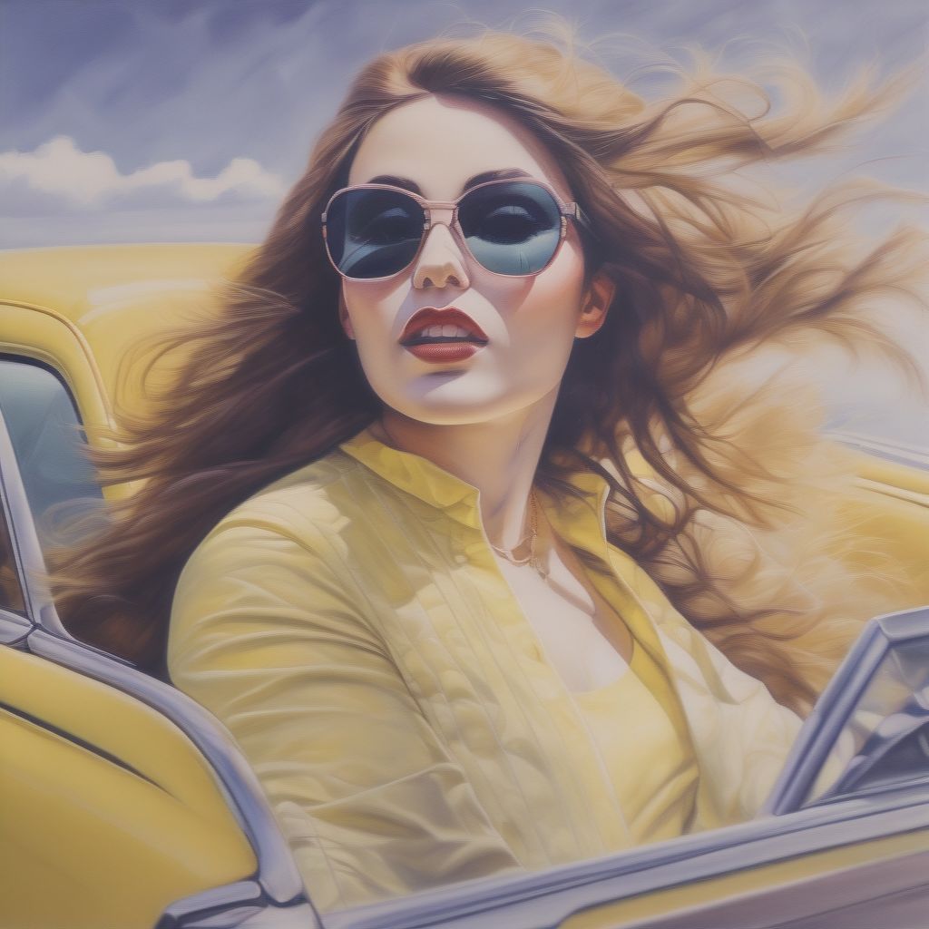 Woman Driving In A Yellow Car, Brown Hair Blowing, Sunglasses