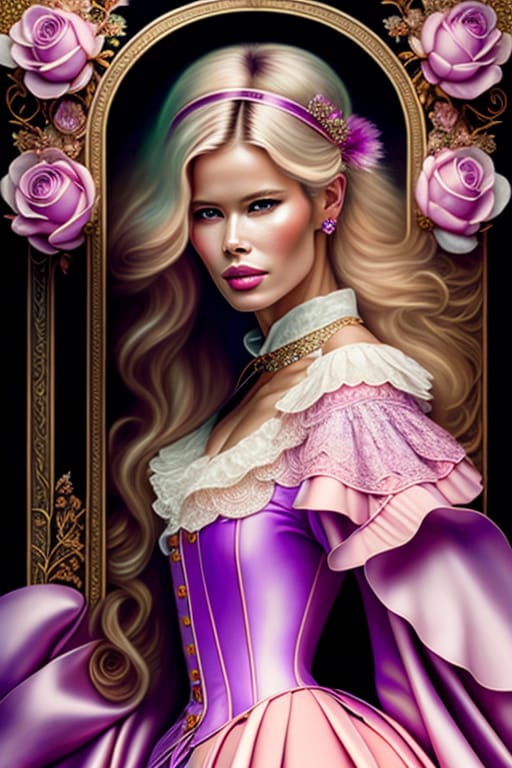 Masterpiece Conceptual Portrait Painting Of A Beautiful Fashionista Similar To Claudia Schiffer, Posing As A Fashion Model On The Music Festival In The Sty...