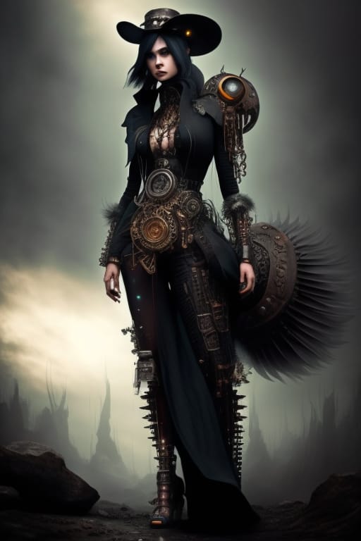 Full Body Warrior In A Long Dress, Nice Shoes, With Charismatic Features, Portrayed In A Surrealistic Setting Reminiscent Of A Blend Between Steampunk And...