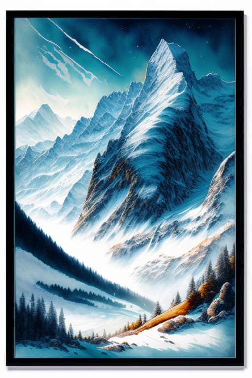 Dramatic Swiss Alps, Gorgeous, Scenic, Dynamic Point Of View, Winter, Organic Framing, Natural, Rich Detail, Watercolor Illustration,inspired By Thomaskink...