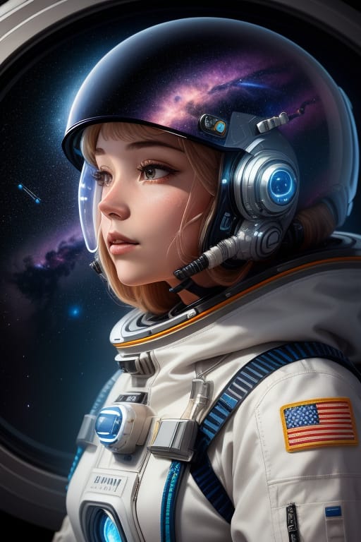 Portrait Of A Female Cyborg Astronaut Floating In Space, Detailed Starry Background With Nebulas , Reflective Helmet Sealed Space Suit, Realism, Biomorphic...