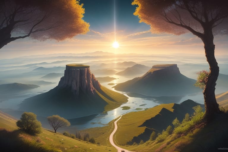 "Create A Surrealistic Landscape That Visually Represents The Evolution Of The Human Mind. Imagine A Scene Where The Sun Is Rising (or Setting) Over A Vast...