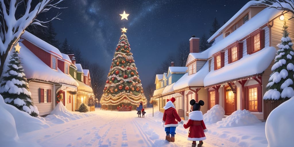 Design A Christmas Card With A Snowy Landscape Featuring A Festively Decorated Christmas Tree. Disney Characters Like Mickey Mouse, Minnie Mouse, Donald Du...