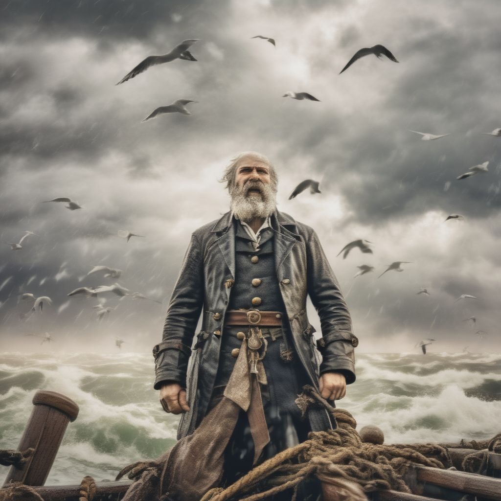 Seasoned Sea Captain Standing Fast On Deck Of Old Galleon Sailing Ship Weathering Stormy Seas With Big Waves Crashing And Gulls Flying Overhead