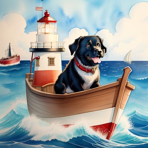 Black Dog Sitting In A Small Boat, Lighthouse In The Background, Rough Sea, Cute, Funny, Centered, Award Winning Watercolor Pen Illustration, Detailed, Dis...