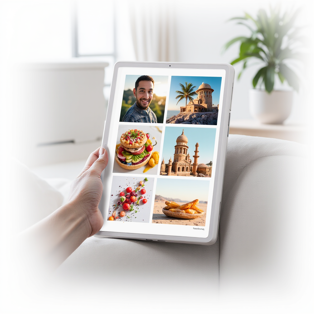 Collection of photorealistic AI-generated photographs in a portfolio grid on a modern tablet