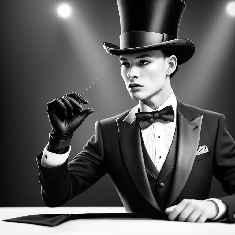 18k Ultra HD, English Elegant Stage Magician In Modern Black Tux, Only Bow Tie And Top Hat, Macro Realism, Macrophotography, Perfect Symmetry, Perfect Phys...