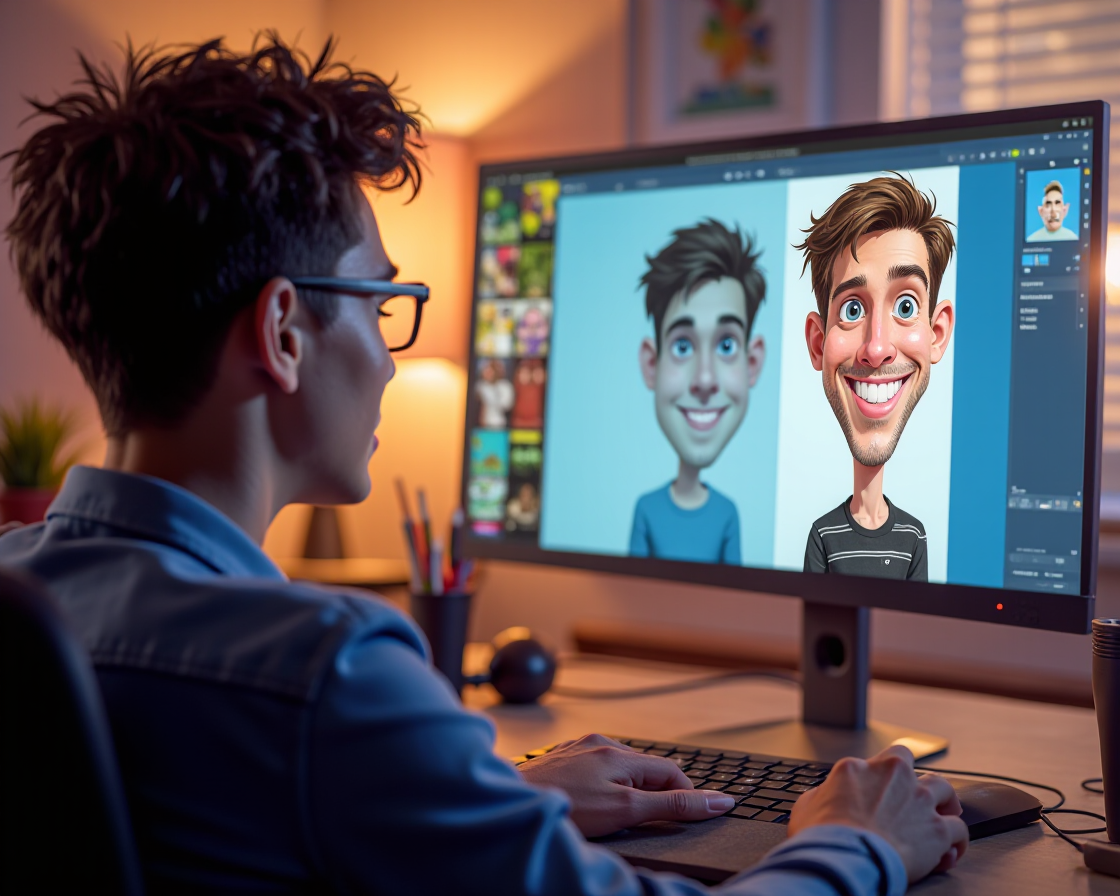 Step-by-step process of uploading a photo and generating an AI caricature with customization options