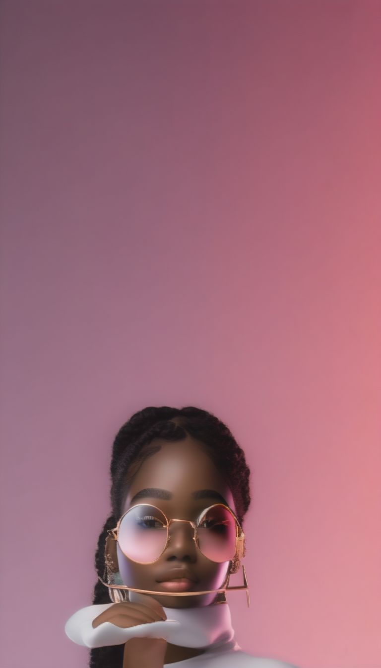 A Black Young Girl With A Gradient From Light To Dark Skin Tone, Modeling A Chic Glasses, High-resolution Face, Perfect, Studio Backdrop, Balanced Contrast...