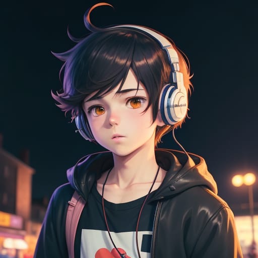 Anime Boy, England, Dark Night, Cute Art Style, With Headphones On His Head, Lofi Art Style, Cute Detailed Digital Art, Anime Aesthetic, Cute Anime, High Q...