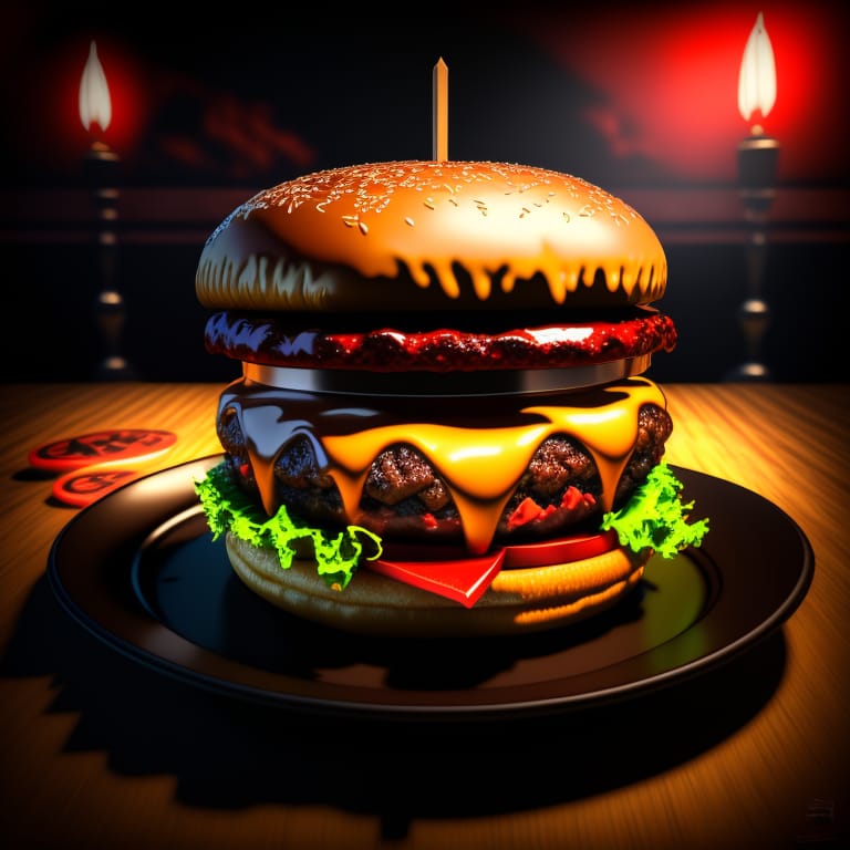 An Evil Burger On A Plate In Restaurant, Heavy Metal, Dark Metal, Death Metal, Survival Horror, Slashers, Nightmare, Insanity, Madness, Scary, Gloomy, Dist...
