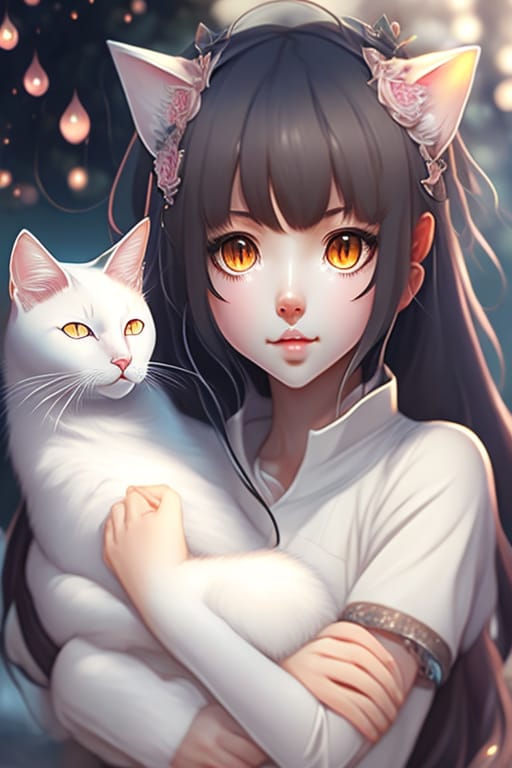 A Girl Holding A White Cat In Her Arms, Beautiful Cat, Cute Cat, Very Beautiful Anime Cat Girl, Cute Cats, Realistic Anime Cat, Detailed Anime Soft Face, B...