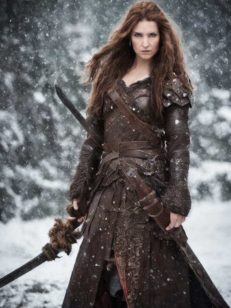A Woman With Evil Look Long Very Big Red Windy Hair Holding A Sword, Female Warrior, Norse Warrior, Snowing In Background A Very Beautiful Berserker Woman,...