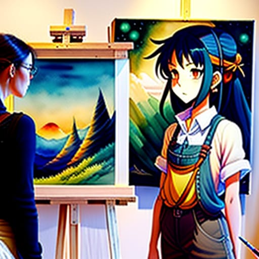 Picture: Artist Next To A Painting. : Die Skurrilen Gemälde Des Künstlers Waren Voll Von Spielerischen Und Fantasievollen Elementen.style: Studio Ghibli, W...