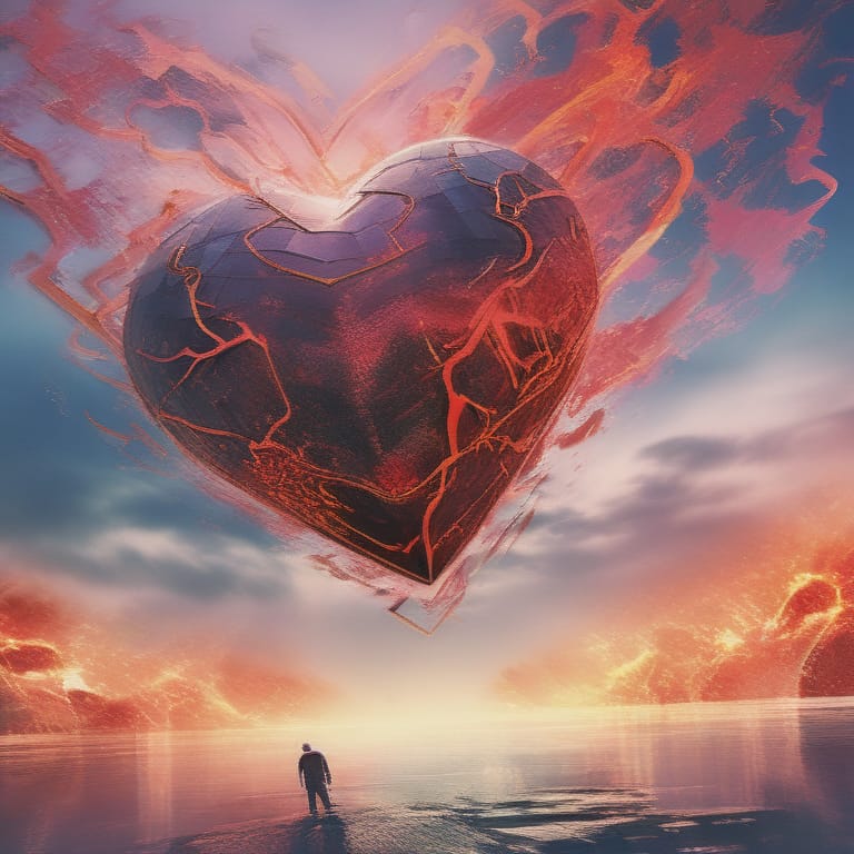 Double Exposure Photograph Capturing The Essence Of Passion And Apathy Through A Vibrant, Fiery Heart Contrasted Against A Cold, Lifeless Stone, Symbolic D...