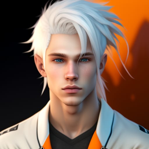Cartoon Style, Cute Albino Young Man, Medium Hair, Ponytail, White Hair, Casual Custom, Cartoon, Vibrant Skin, Extremely Delicate, Insanely Detailed, Hdr,...