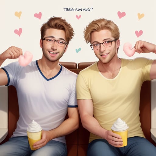 Create A Picture Of Two Men, Approx. 30 Years Old. One Of The Men Has Blond Hair And Glasses. The Other Man Is Slightly Shorter, Has Brown Hair And Do Not...